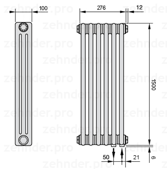 Схема (чертеж) Радиатор Zehnder Charleston 3150/6 №5510 Белый глянцевый RAL 9016